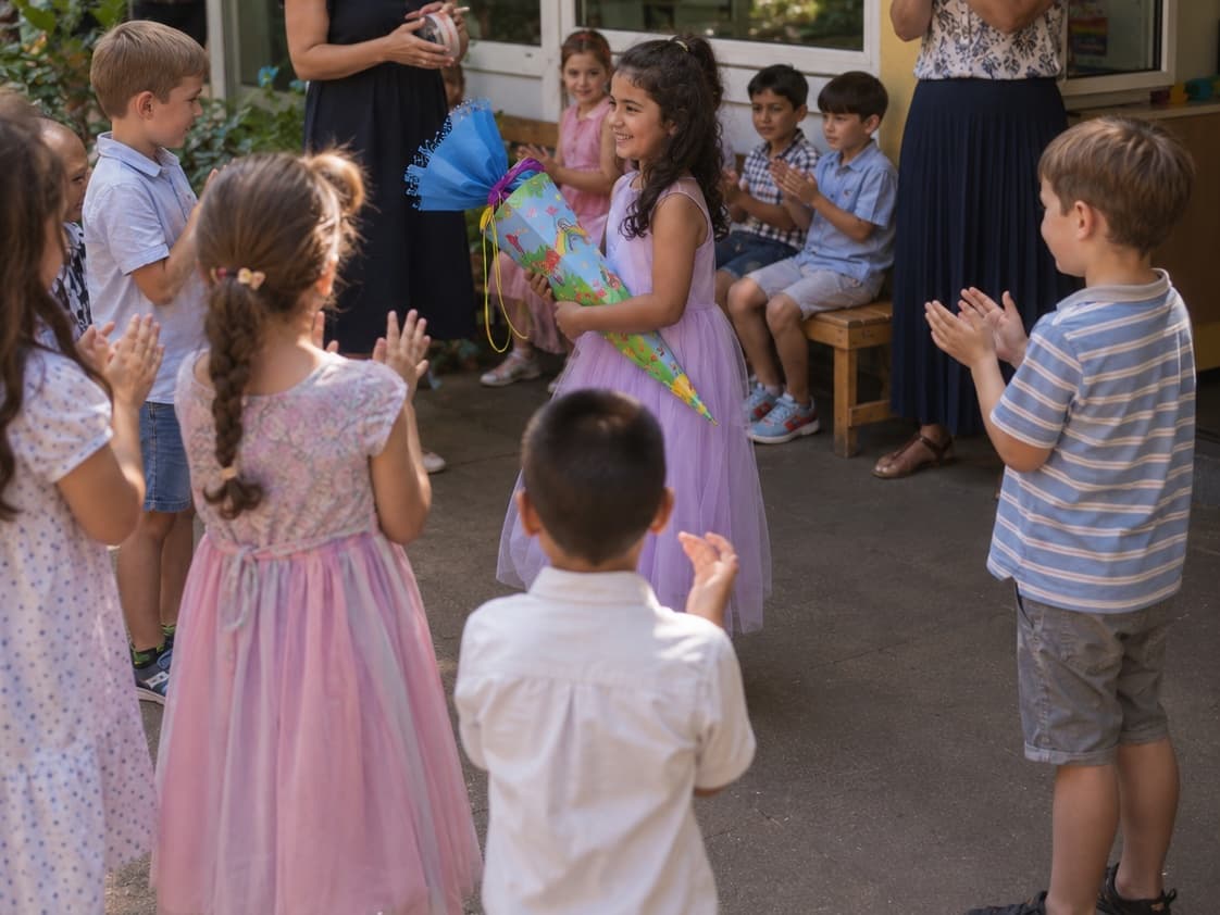 Mädchen mit Schultüte bei der Abschiedsfeier im Kindergarten