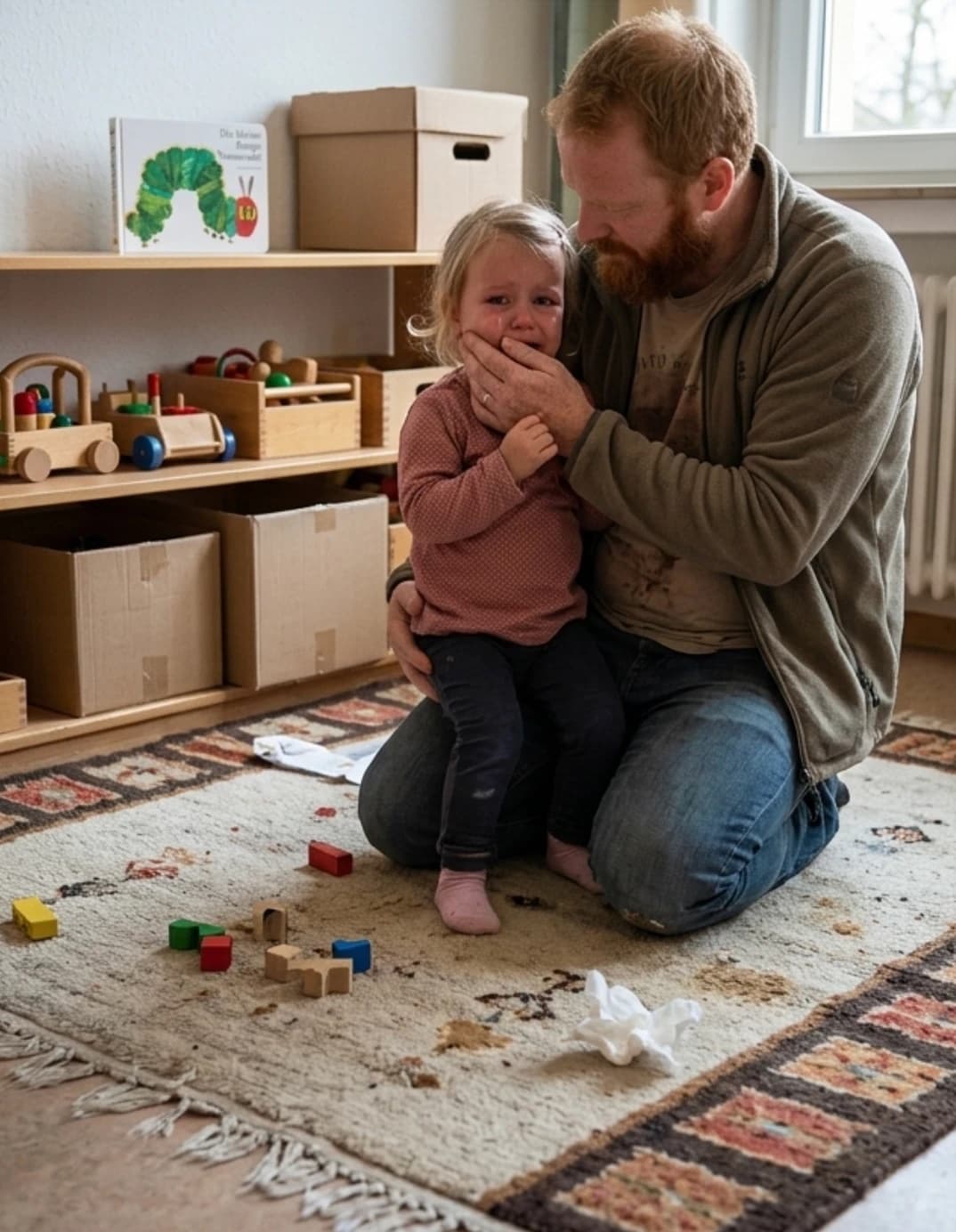 Vater tröstet sein weinendes Kind bei der Eingewöhnung im Kindergarten