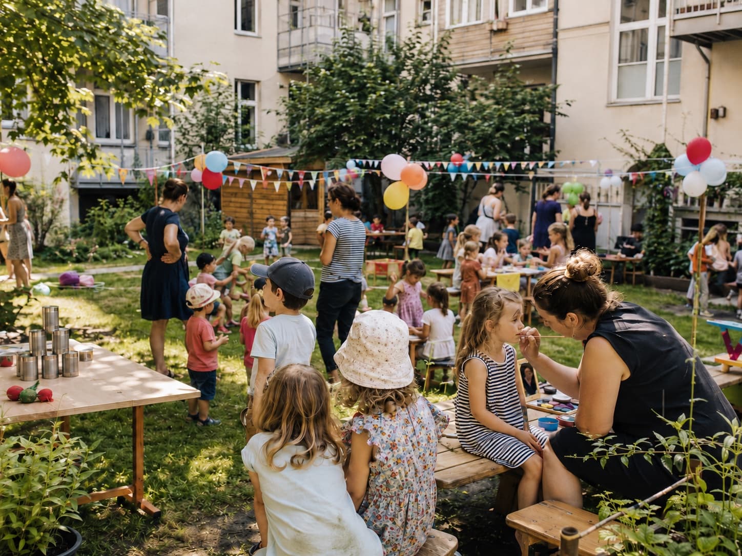 Kita-Sommerfest im Garten mit Luftballons und Kinderschminken