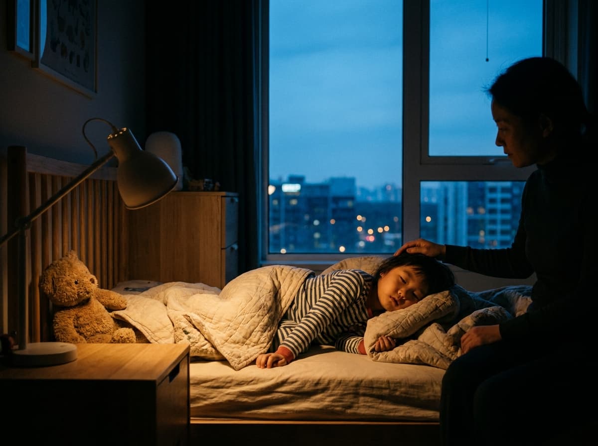 Elternteil streichelt dem einschlafenden Kind im Abendlicht über den Kopf