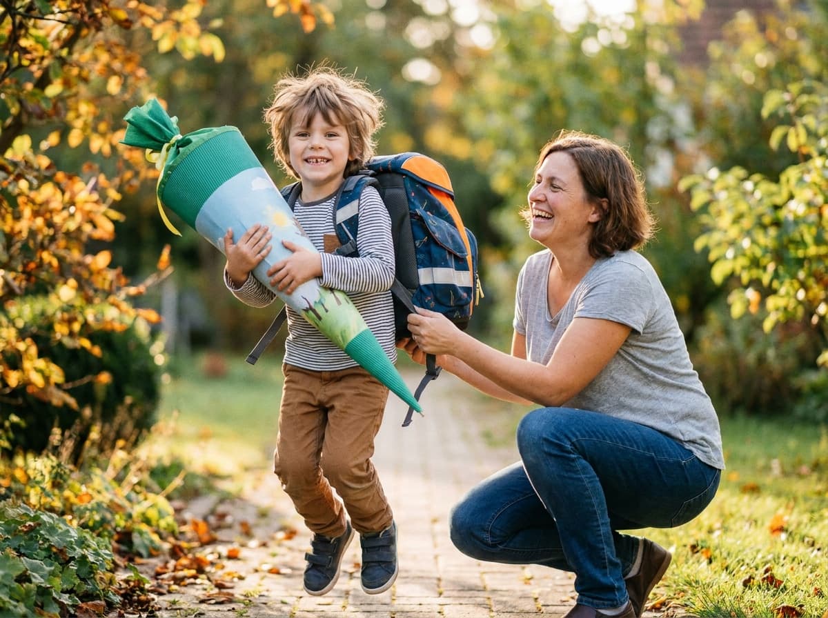 Junge springt mit Schultüte und Ranzen vor Freude, die Mutter lacht