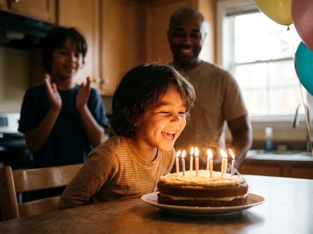 Kind pustet zu Hause die Kerzen der Geburtstagstorte aus, die Familie klatscht