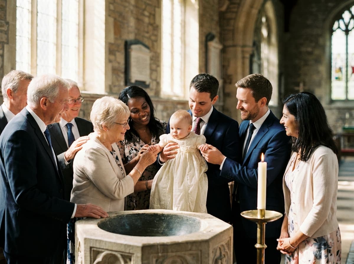 Baby im Taufkleid am Taufbecken, umringt von Familie und Paten