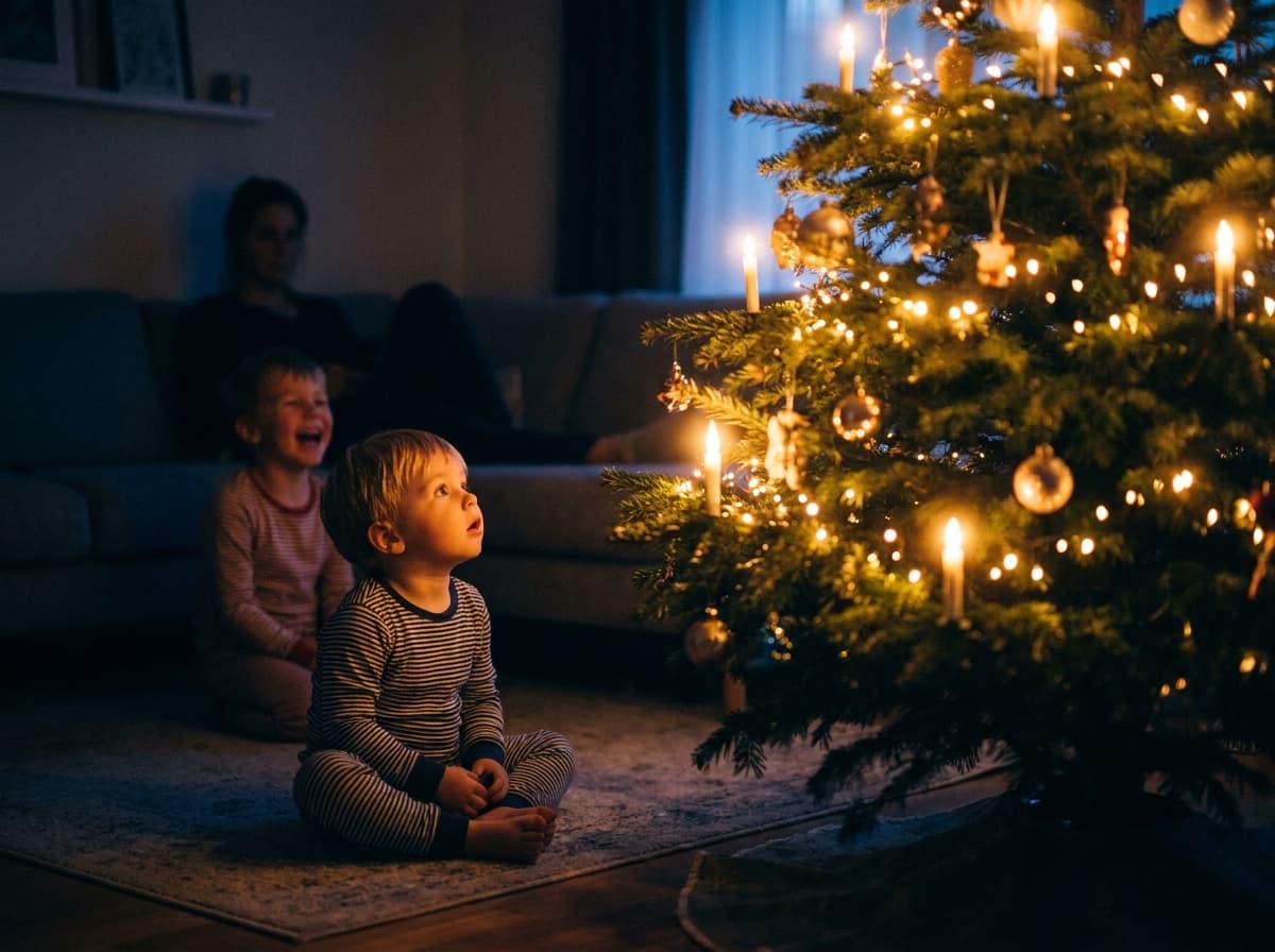 Kinder staunen abends vor dem beleuchteten Weihnachtsbaum