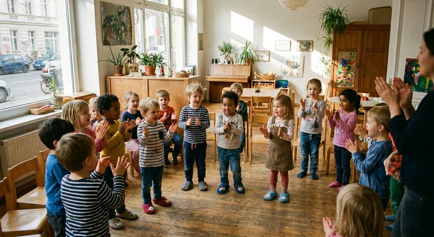 Kindergruppe im Morgenkreis in einem hellen Kita-Raum